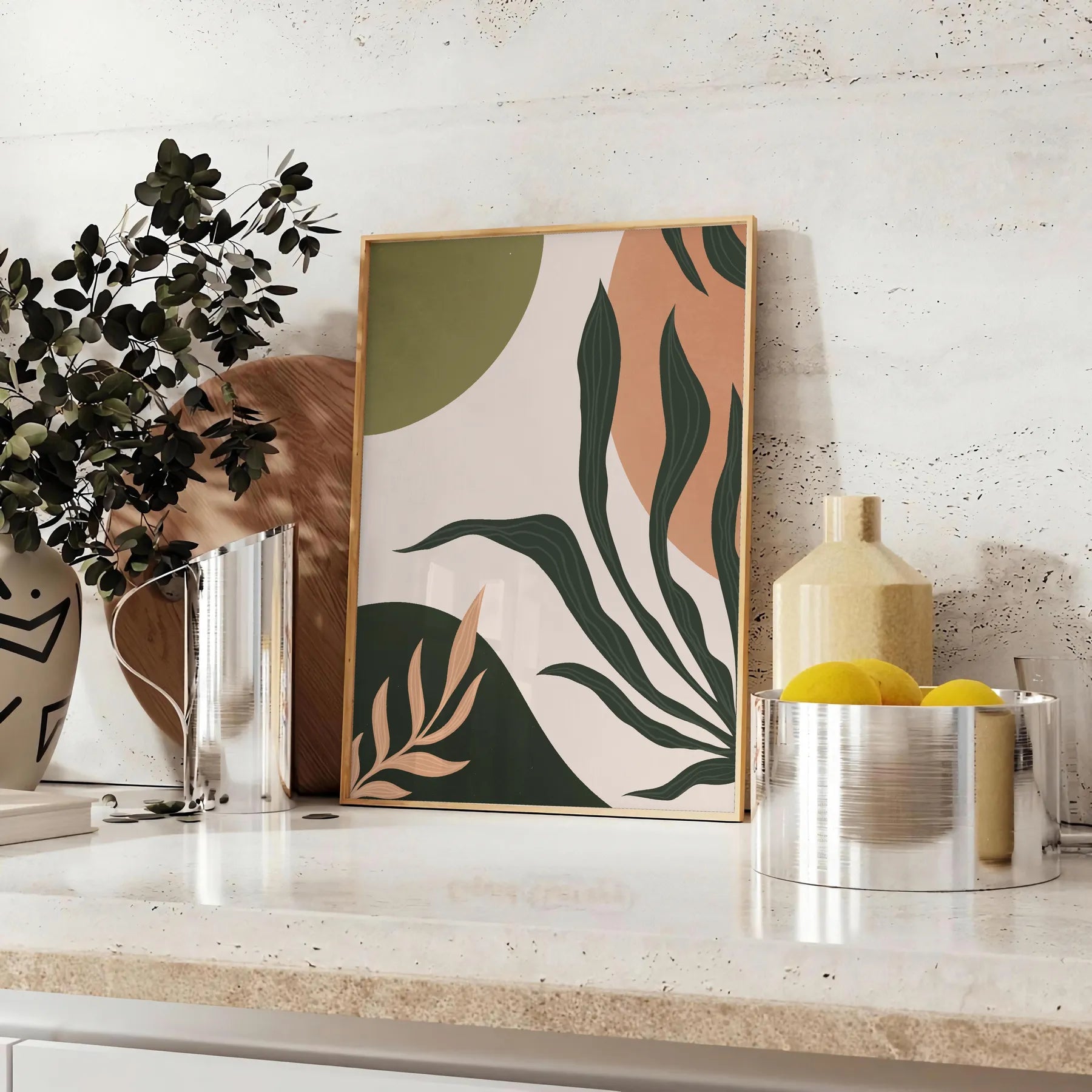 space boho art print Bohemian 21 abstract poster serene gray green tones perfect unique wall gift captivating artwork available sizes A4 cm A0